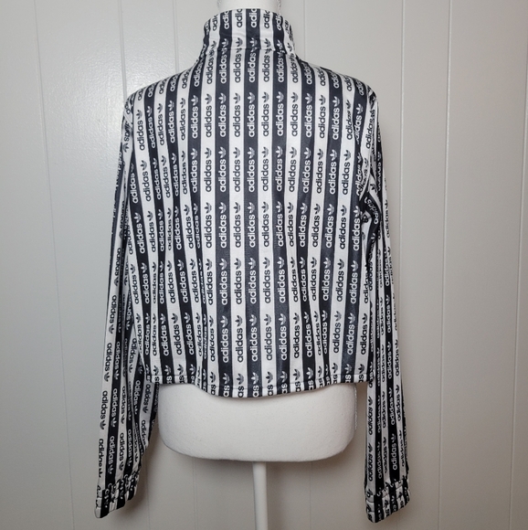 NWT Adidas Cropped Zip Up Track Jacket Top Black & White Striped Logo Boxy LG - Picture 8 of 16